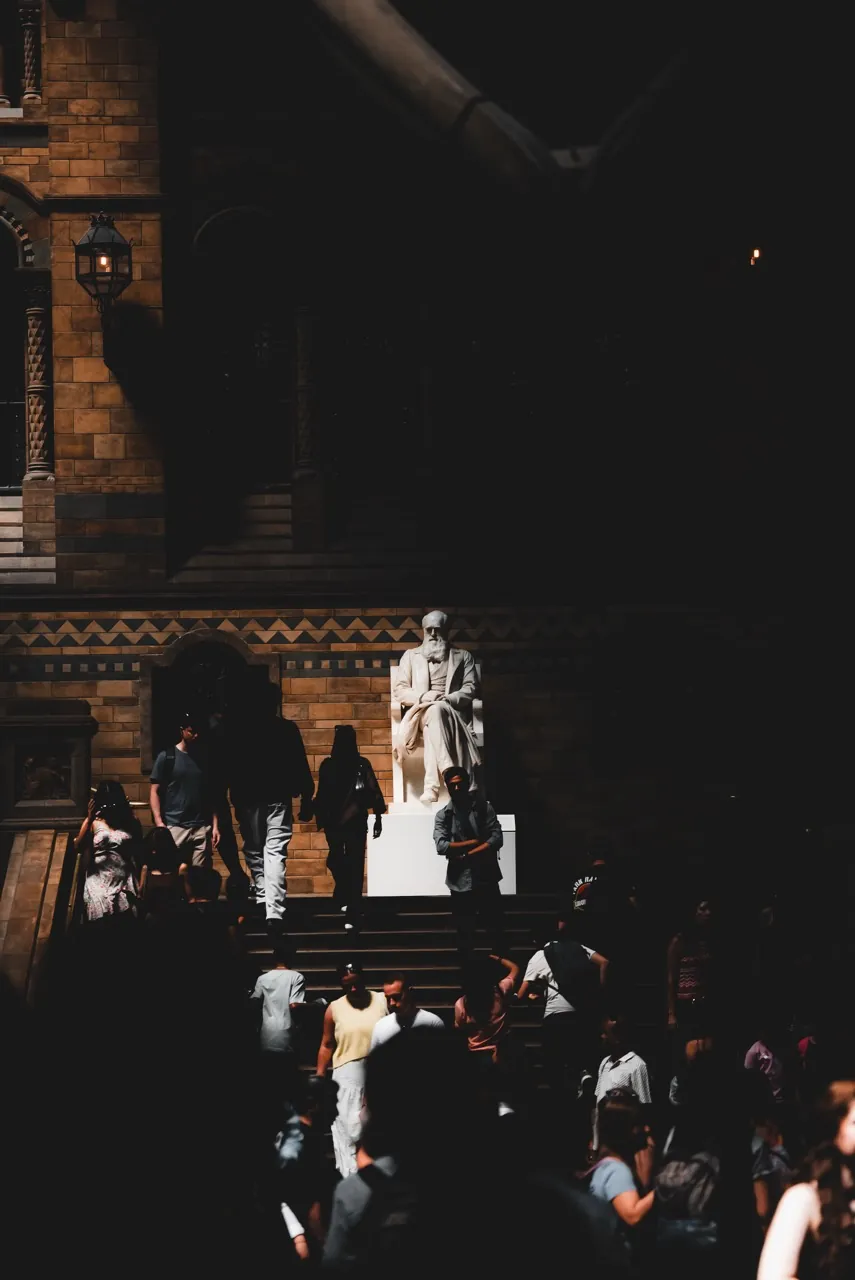 Estátua de Darwin sob a luz da escada